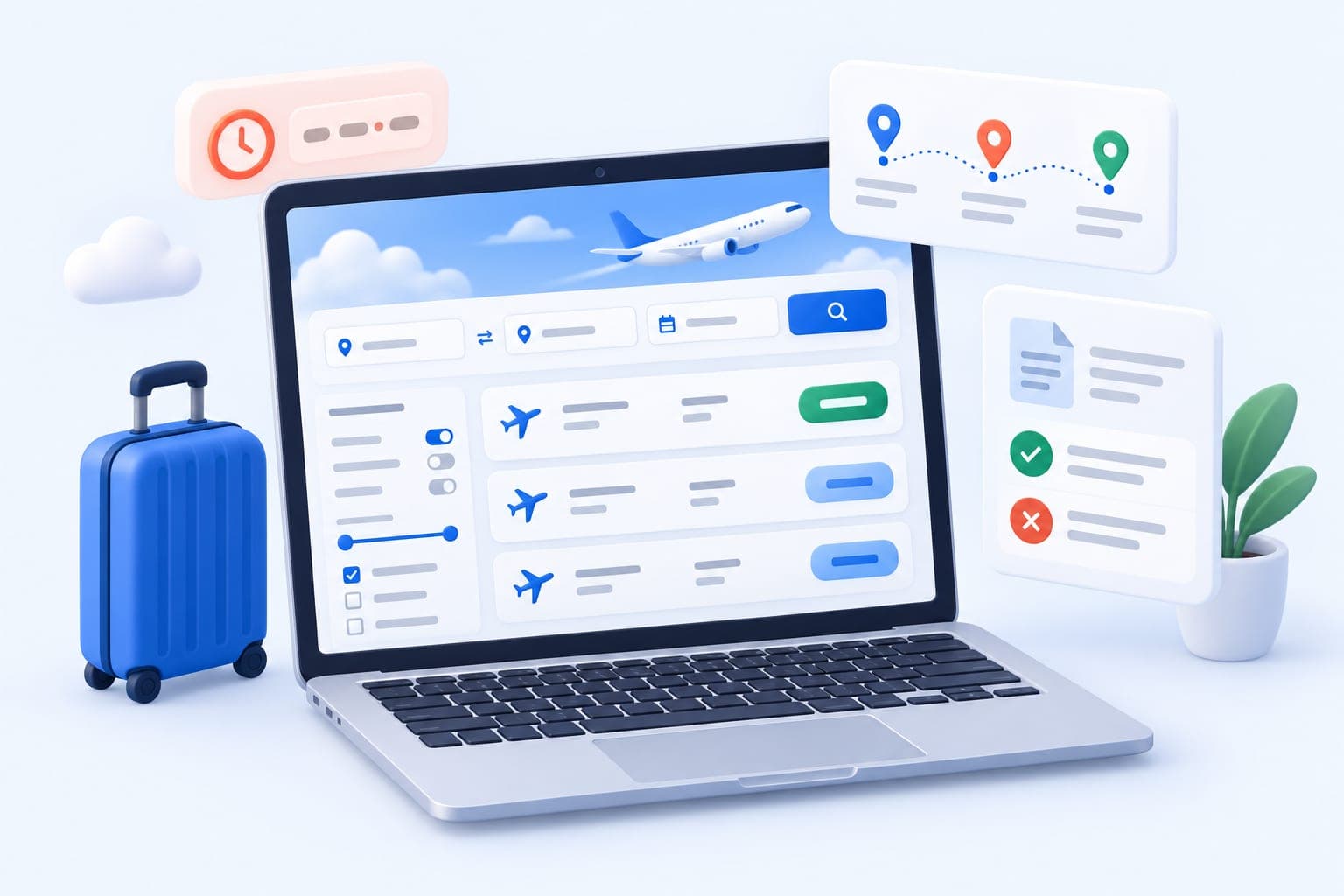 A flight booking website created without coding: flight search, results, filters and a fare hold timer