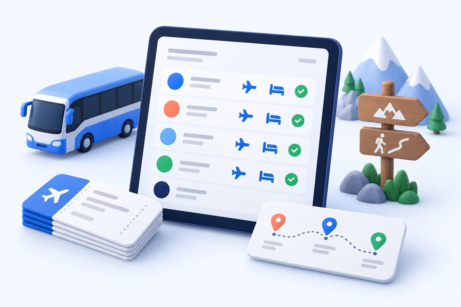 A group travel organizer booking site with the group's bookings on a tablet and a multi city route
