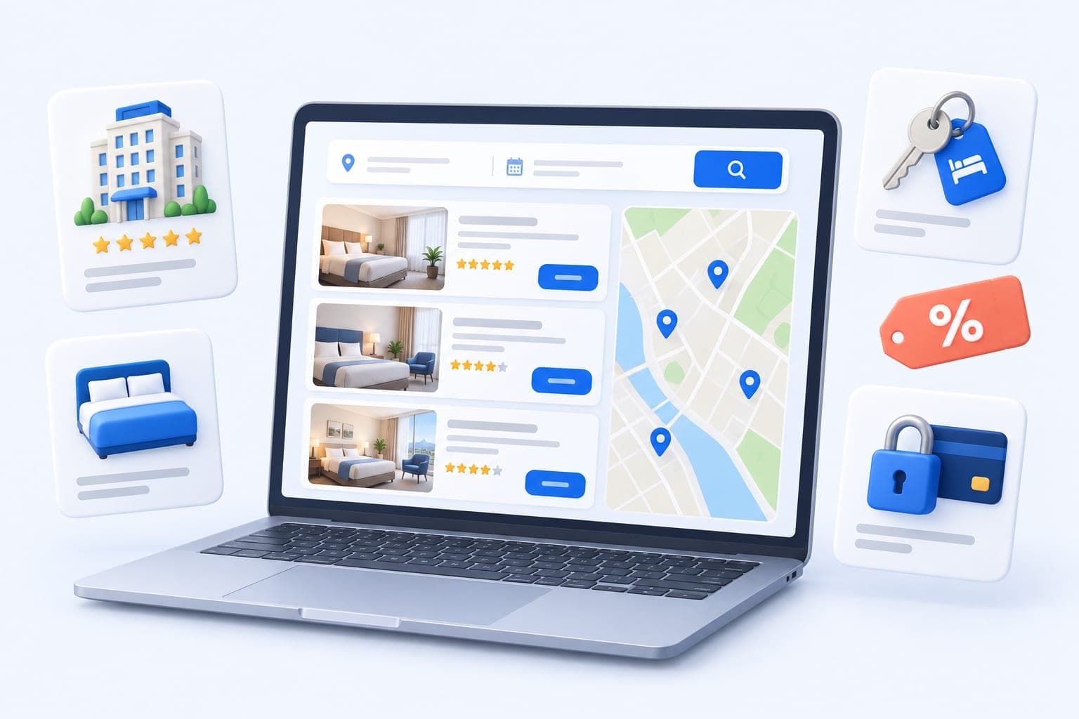 A hotel booking website on a laptop with hotel results, a map and room cards