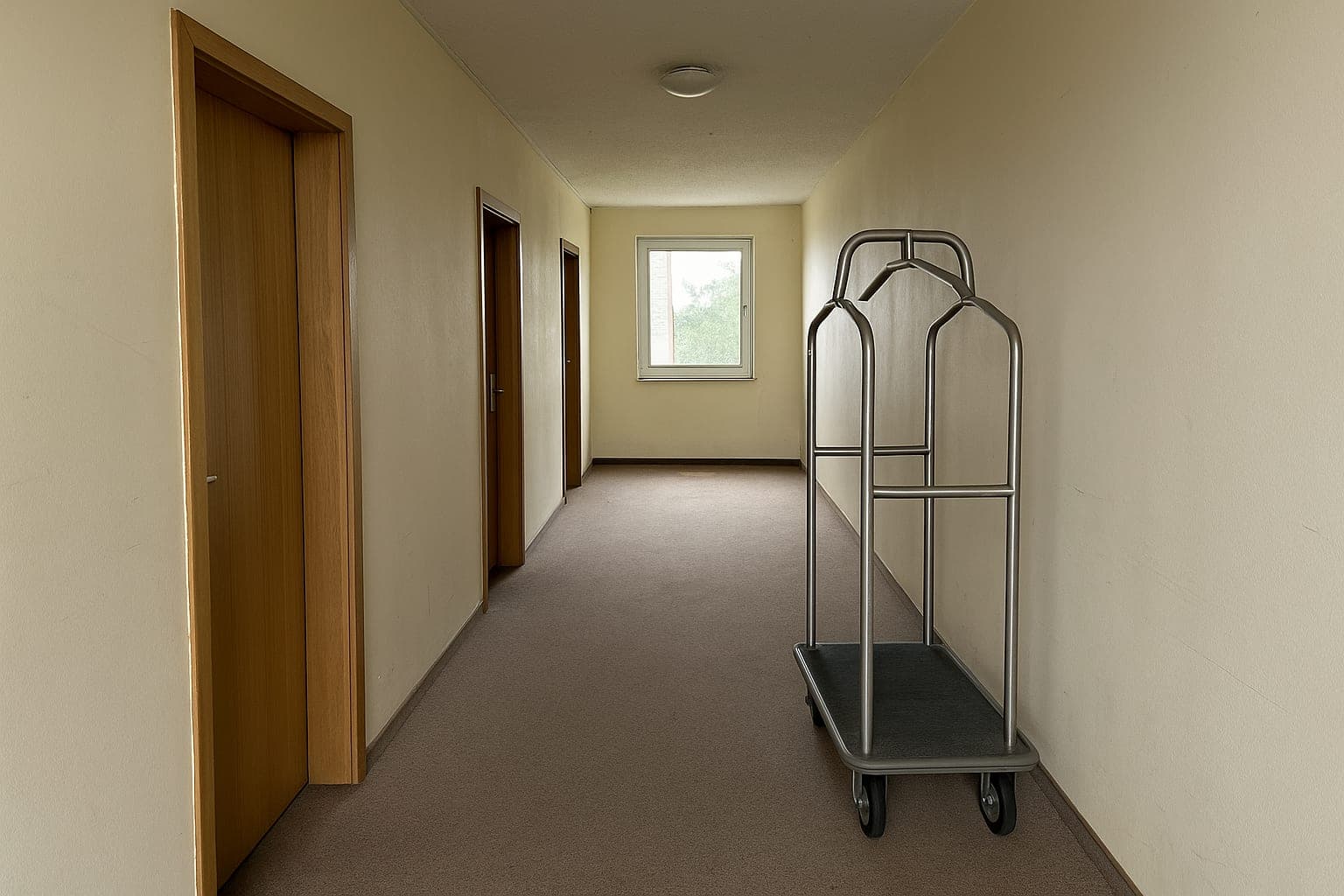 A quiet hotel corridor with plain doors, the kind of property sold on a hotel booking website