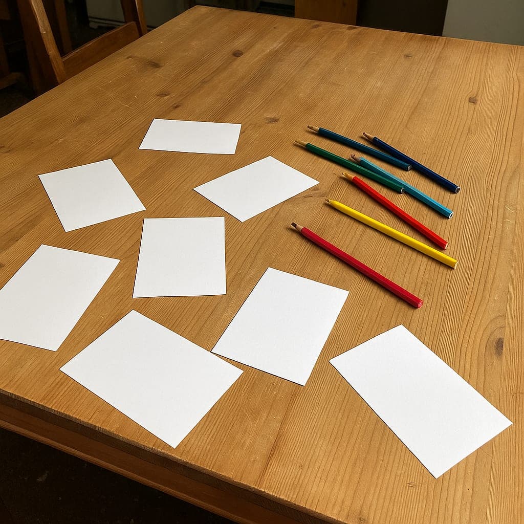Blank cards and coloured pencils on a table