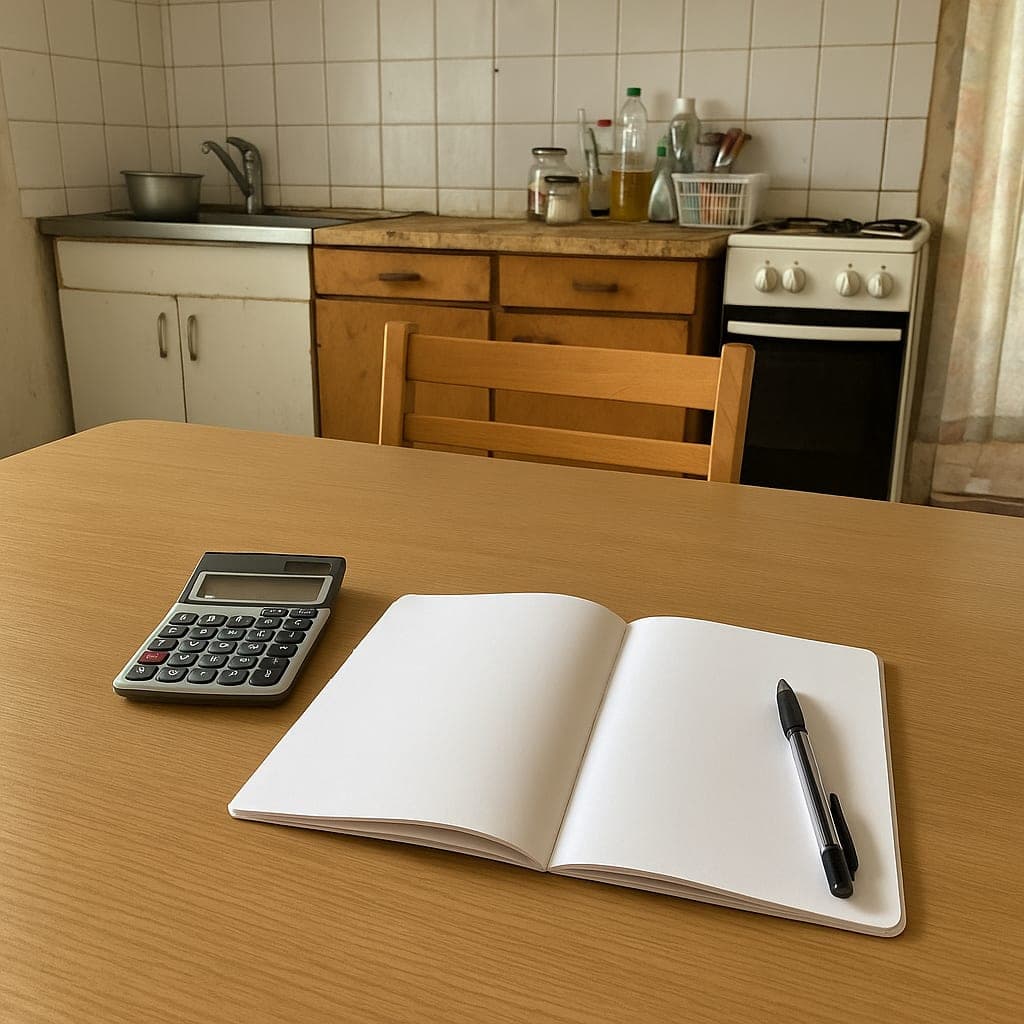 A calculator and an open notebook on a table