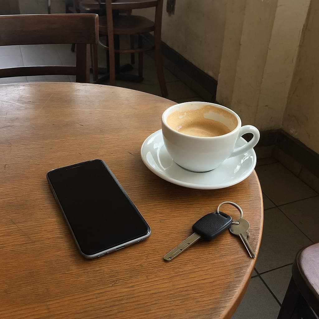 A phone on a cafe table beside a coffee