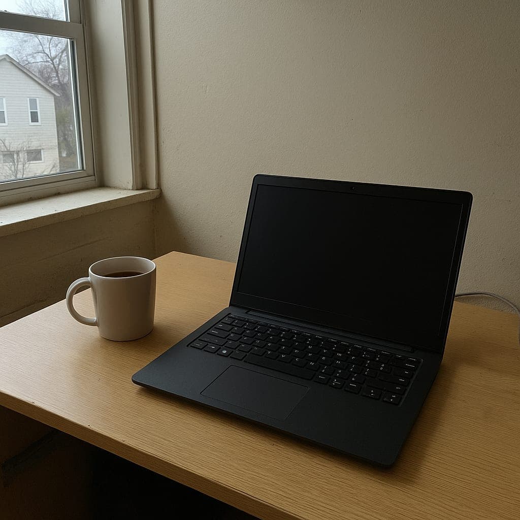 An open laptop on a desk in morning light