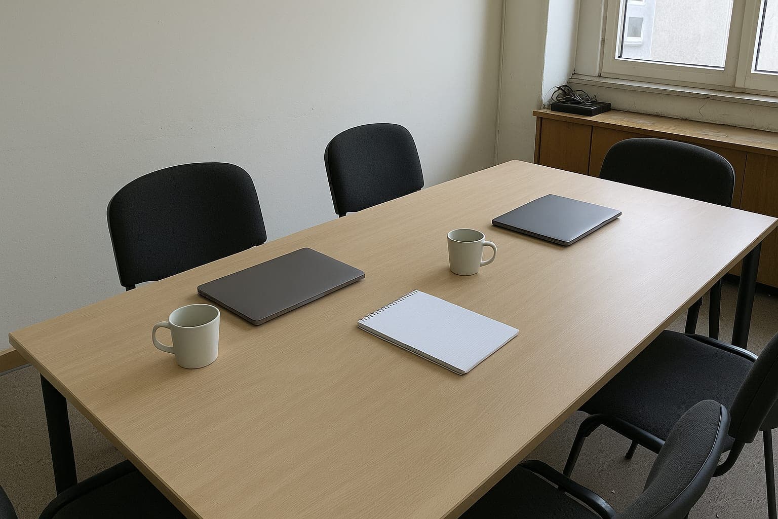 An empty meeting table with two closed laptops and coffee cups