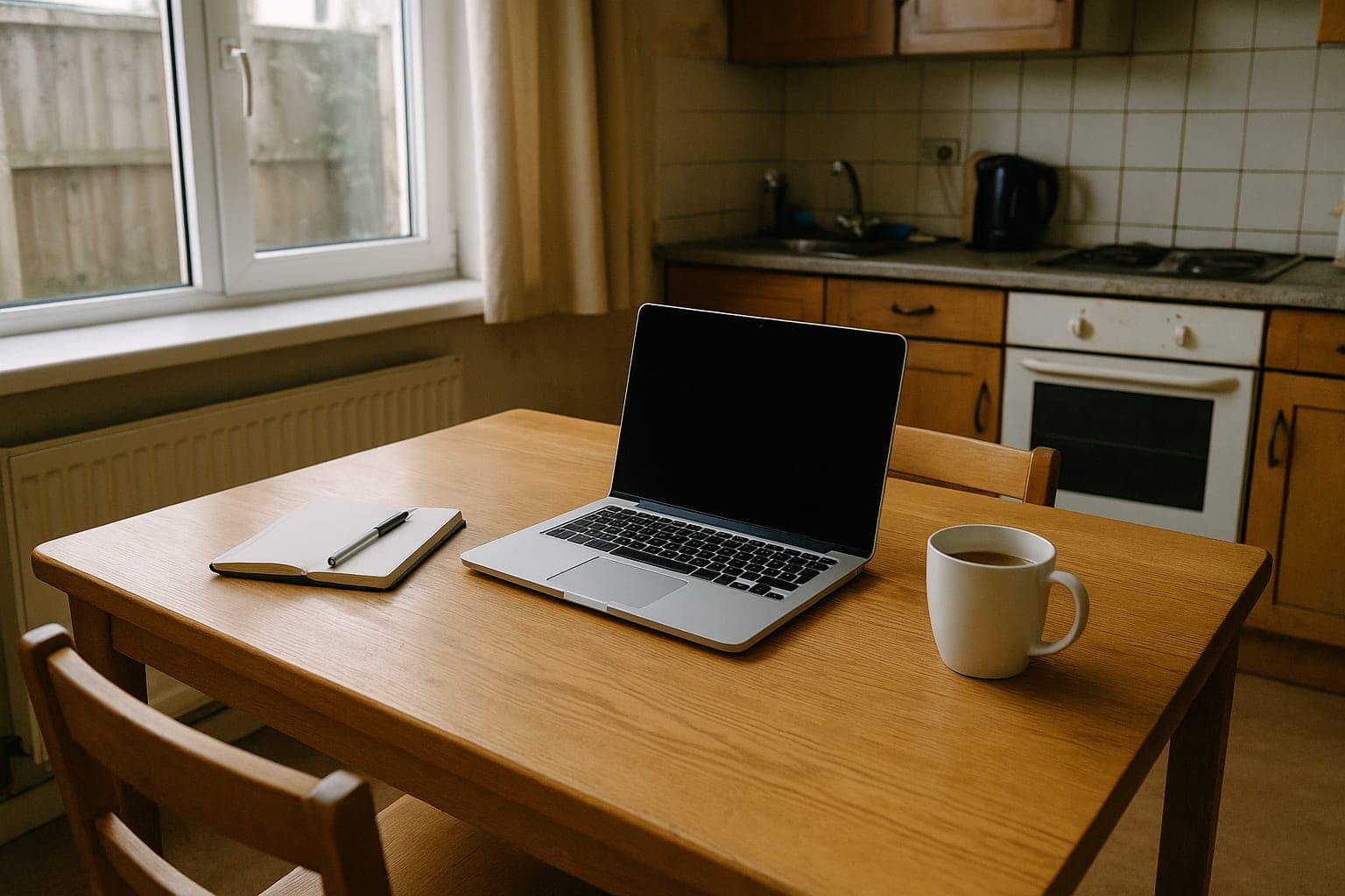 A kitchen table with a laptop, where someone plans to start an online travel agency for free