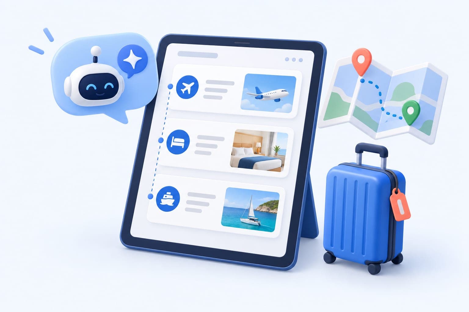 A travel advisor website with a trip plan of flights, hotels and activities on a tablet