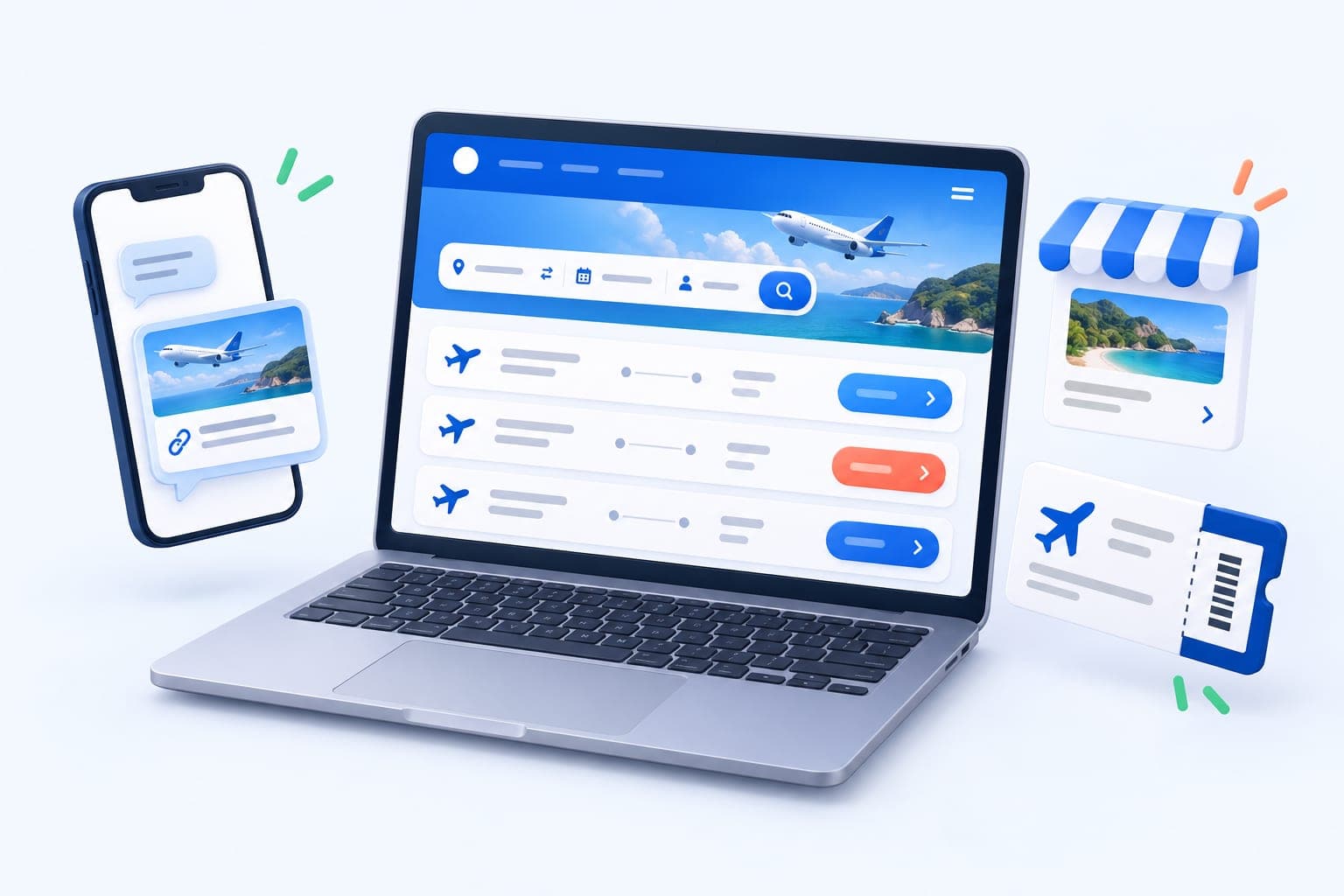 A travel agent website with flight results, a shared booking link and an e-ticket