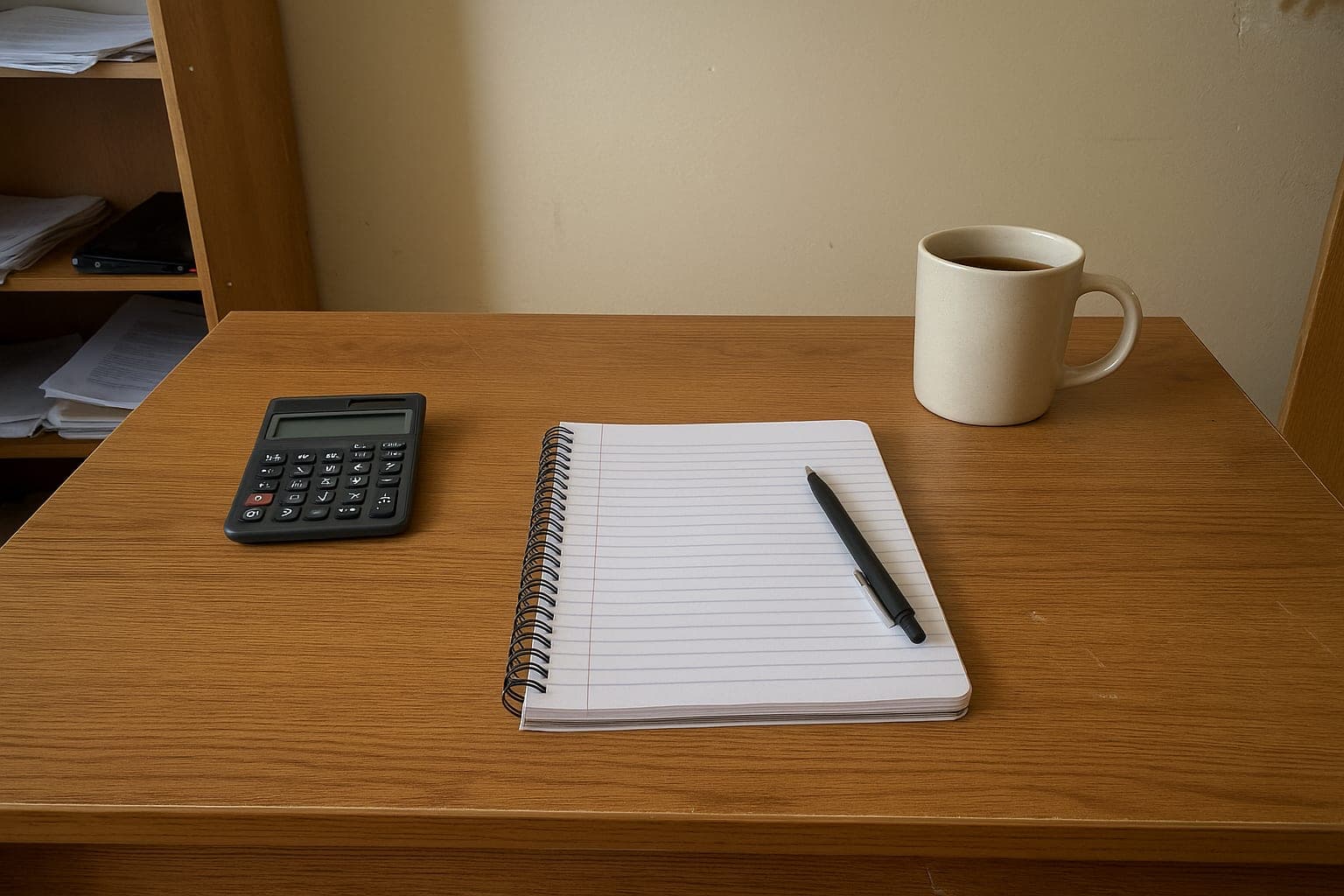 A calculator and a blank notebook on a desk