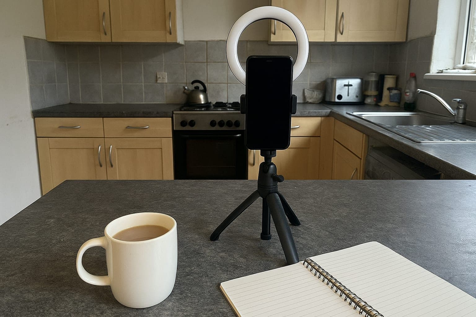 A phone on a tripod at home, the setup behind selling travel on Instagram