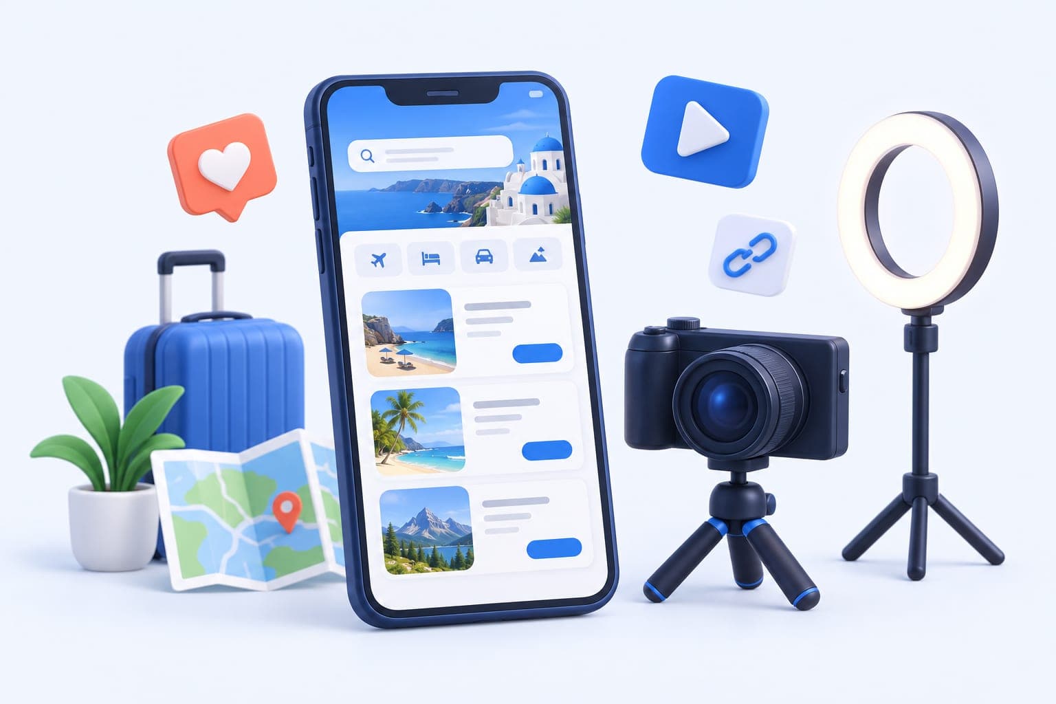 A travel influencer booking website on a phone beside a camera and a ring light
