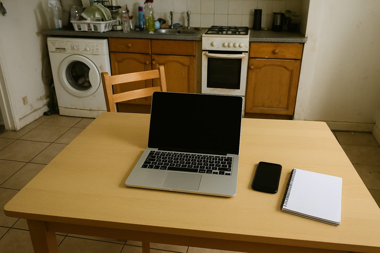 A laptop and a phone on a kitchen table