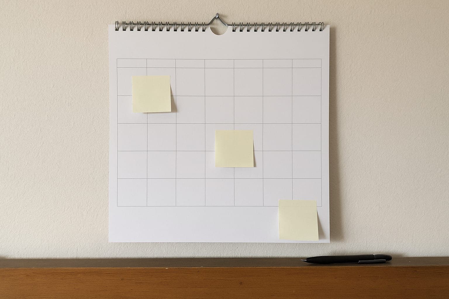 A paper wall calendar with blank sticky notes