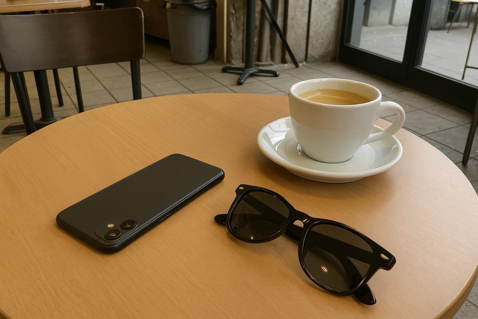 After the booking A phone face down on a cafe table beside a coffee