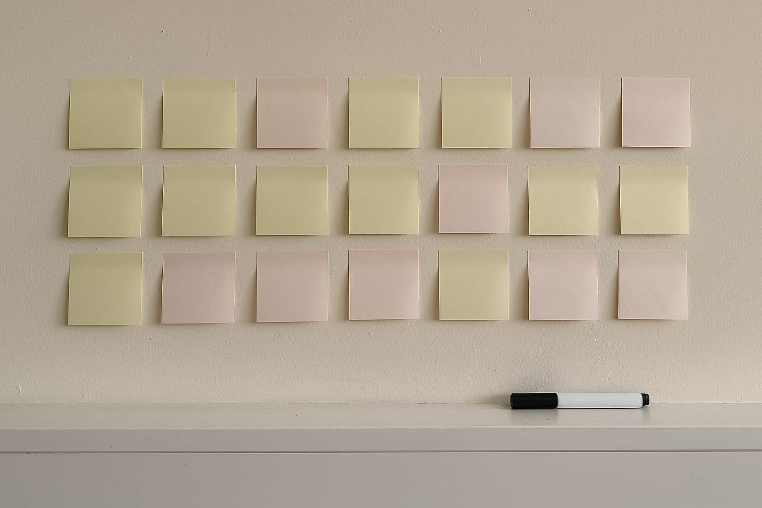 Mapping out the parts Blank sticky notes on a wall in rows