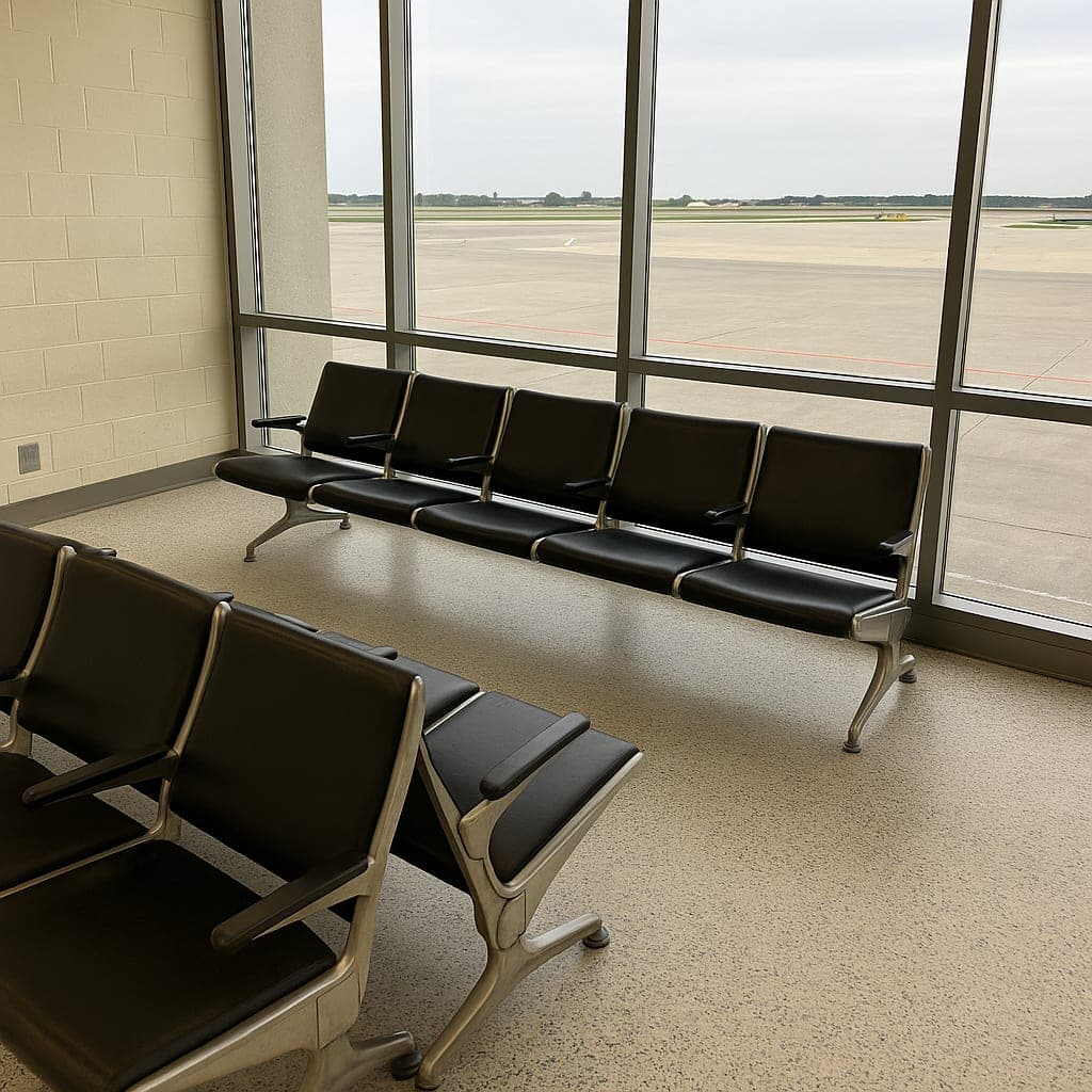 Flights Empty seats by a window in an airport waiting area