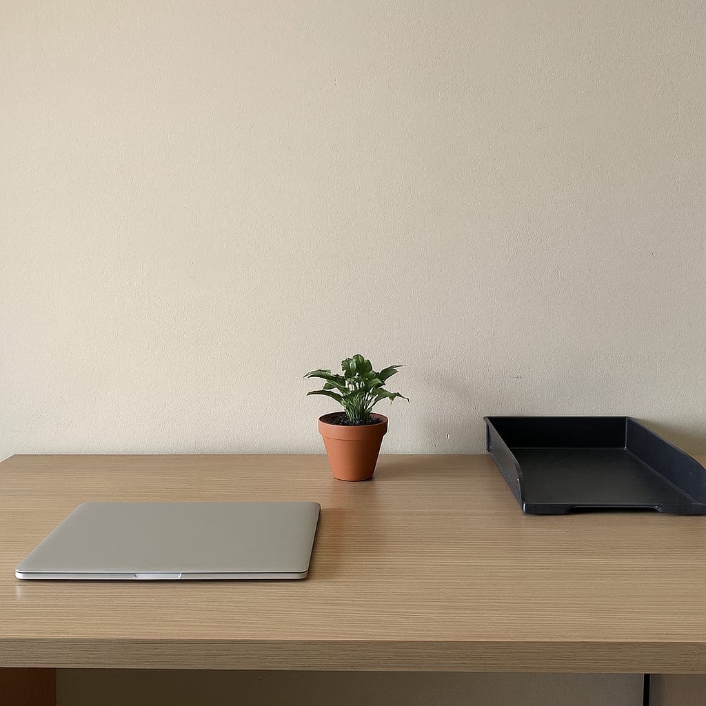Free and the bundle A tidy desk with a closed laptop and a plant