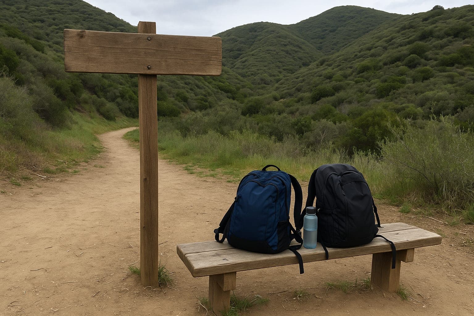Backpacks at a trailhead Backpacks at a trailhead before a group departure sold through a group travel organizer booking site