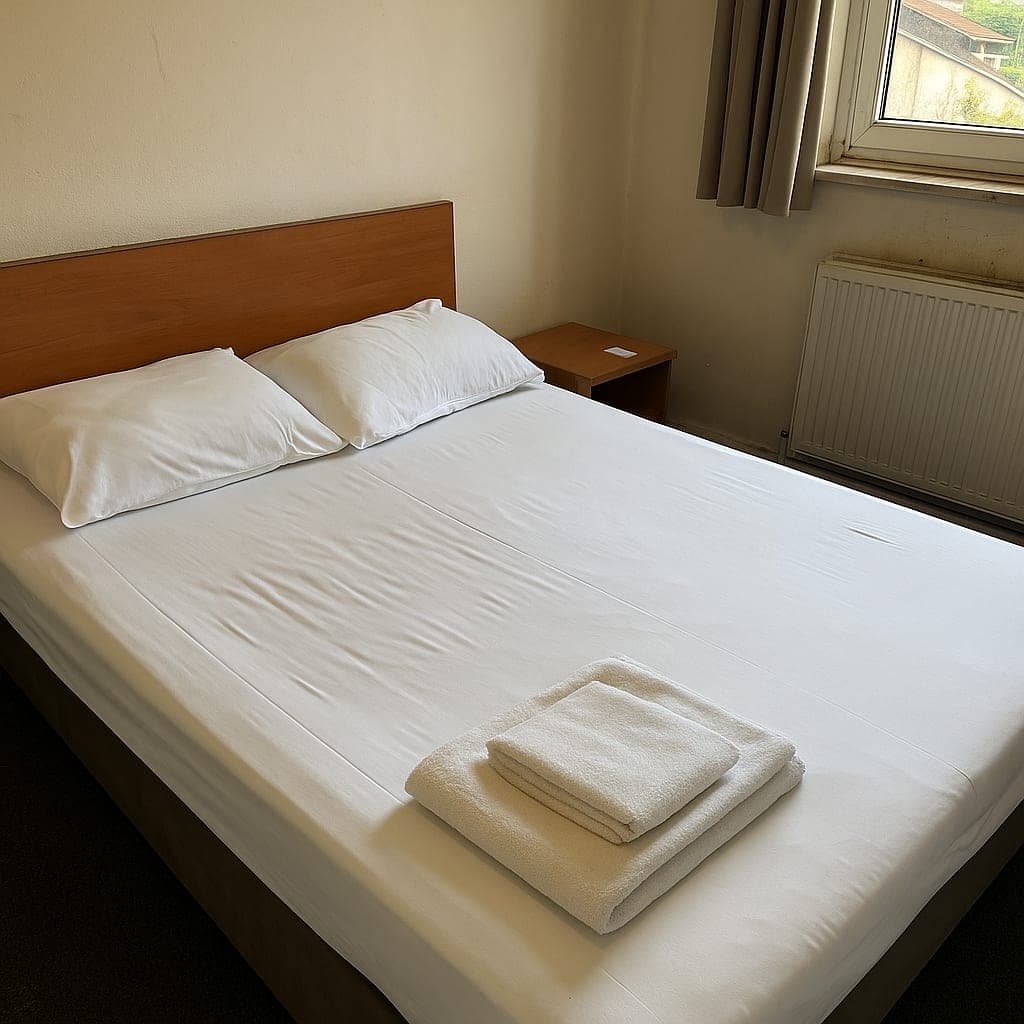 Hotels A made hotel bed with folded towels and a key card