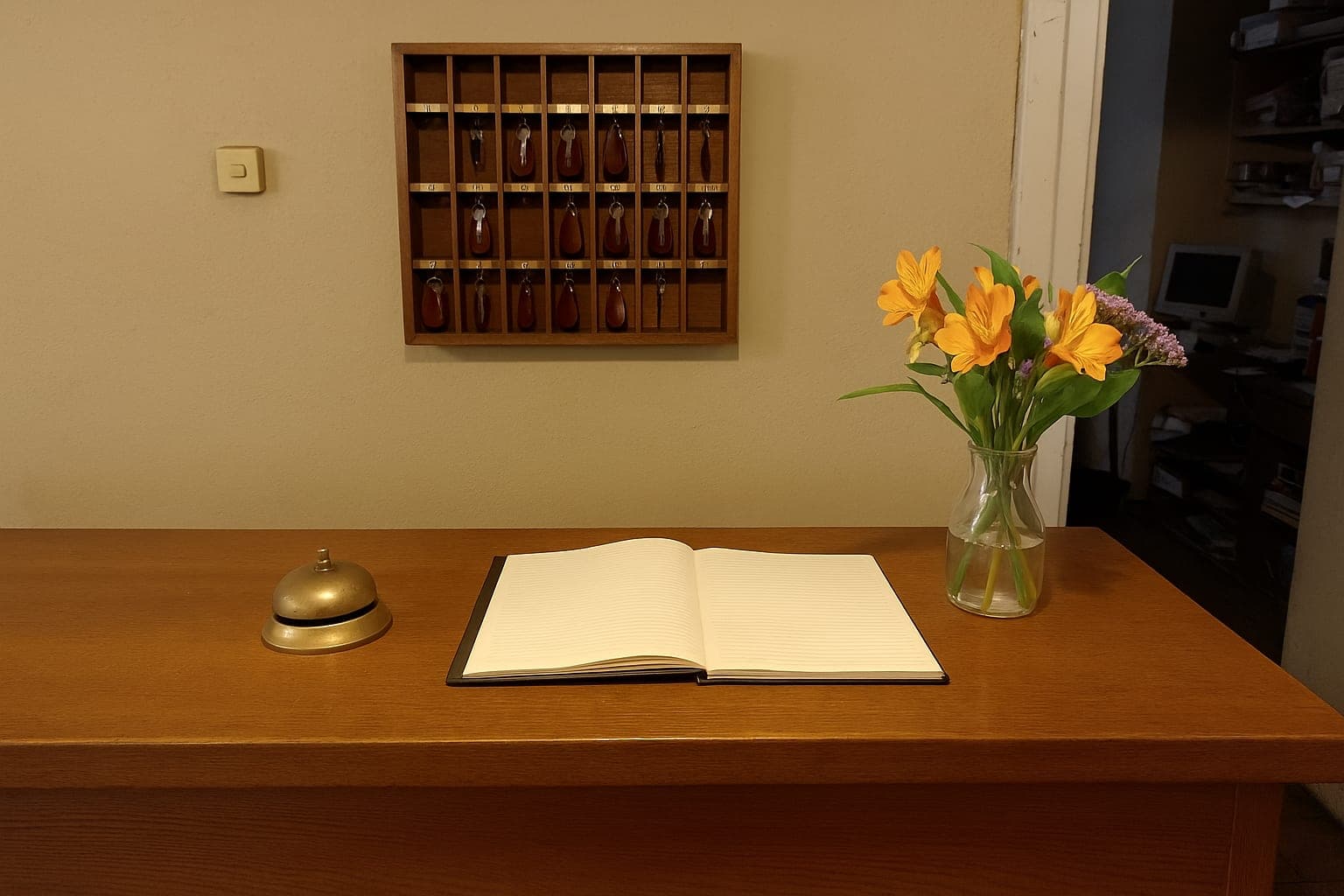A guesthouse reception A small guesthouse reception counter with a key rack and a bell
