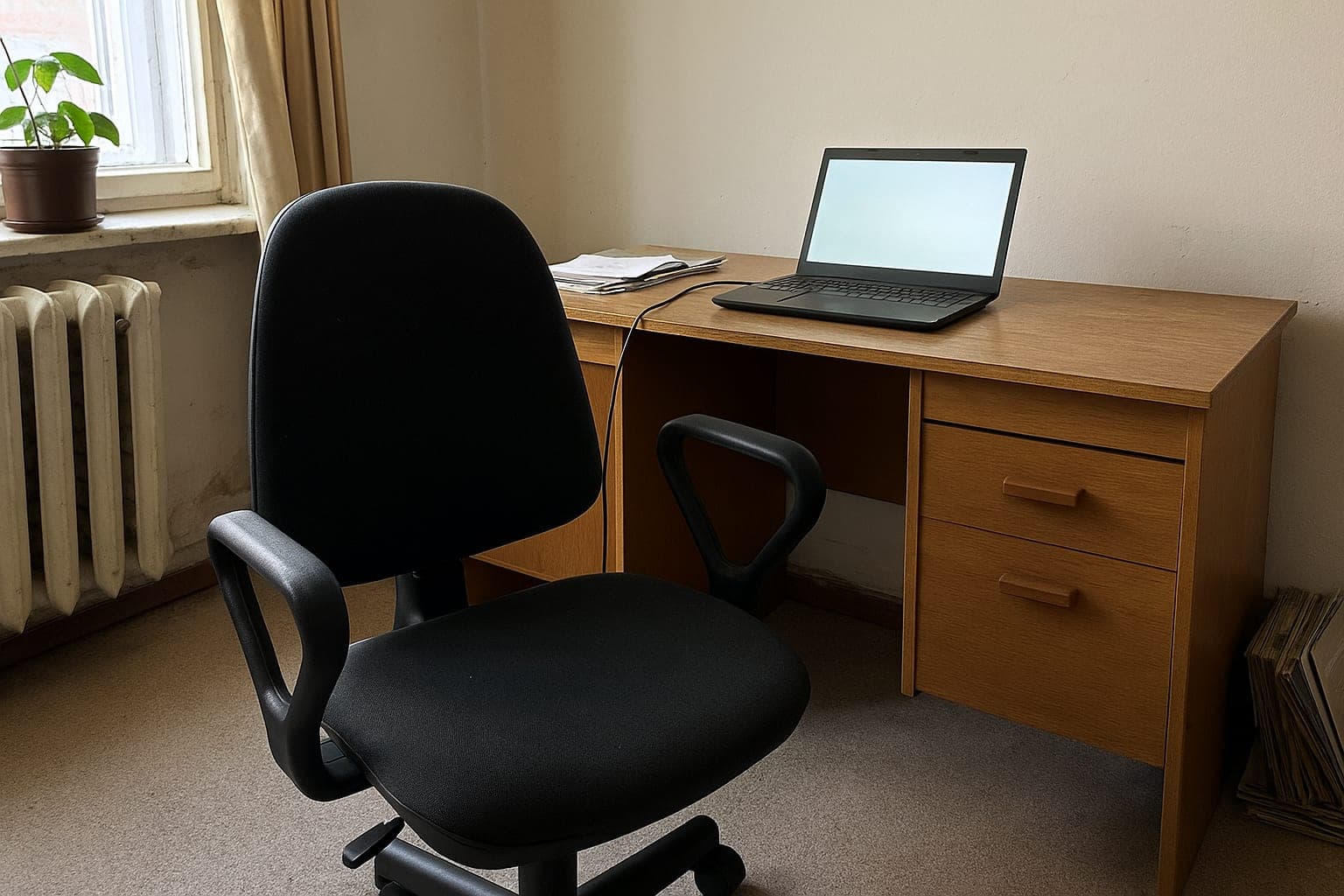 When the visitor leaves An empty chair at a desk with an open laptop