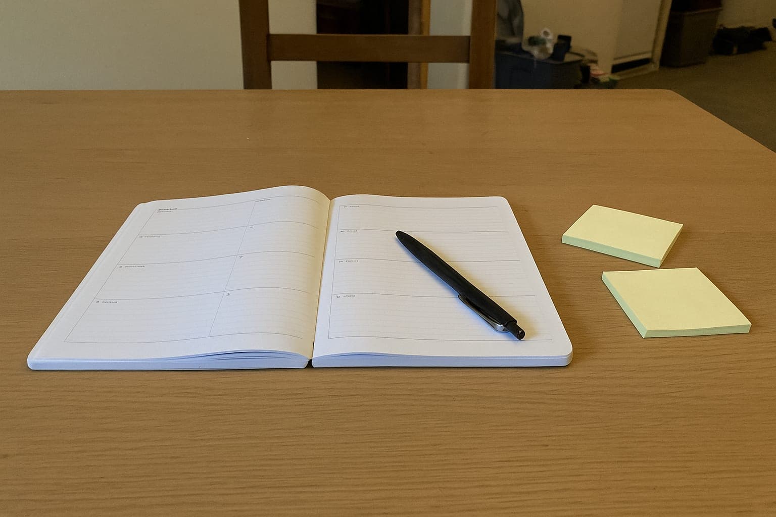 The first month, planned An open paper planner with blank pages and sticky notes