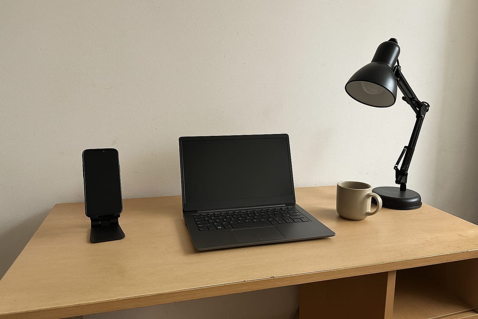 The whole setup A small home office desk with a phone stand and a laptop