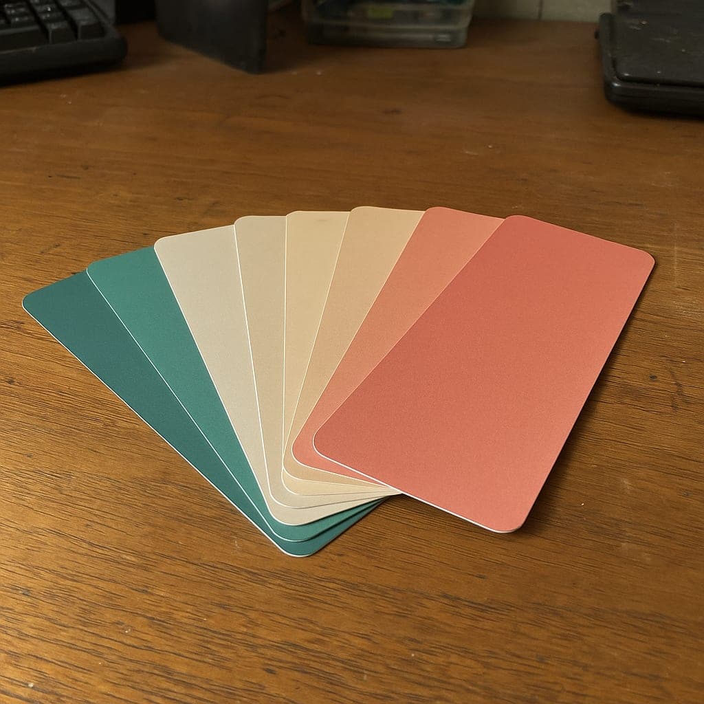 Your brand colours Paper colour swatches spread on a desk