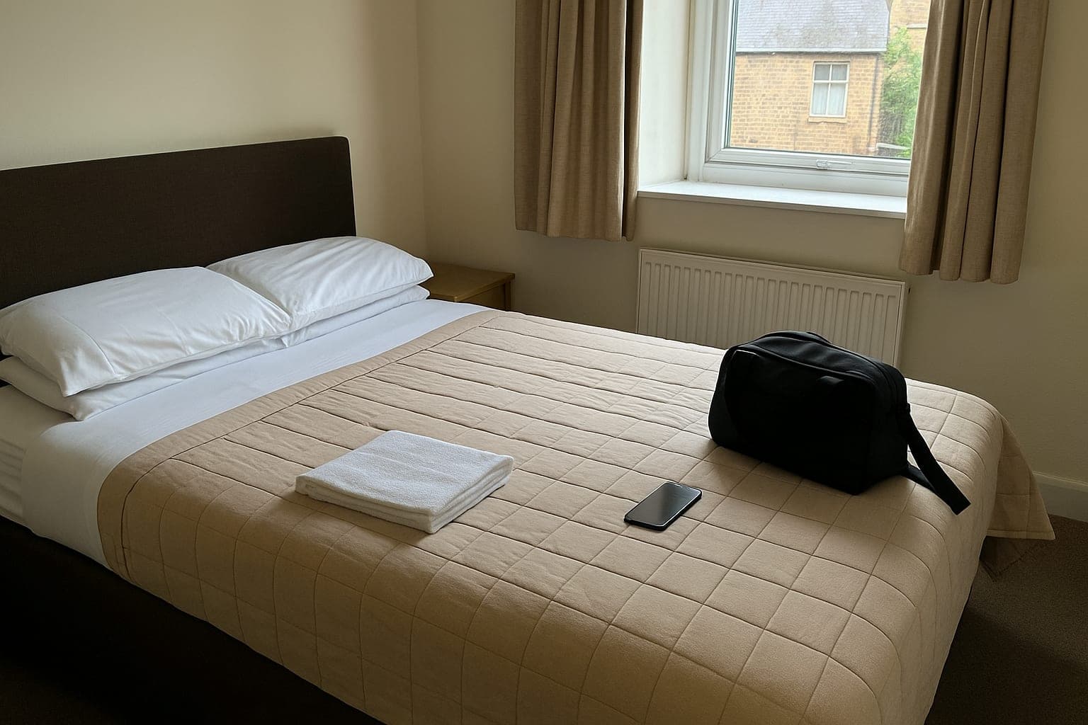 Arriving with the voucher A hotel room with a packed bag and a phone on the bed