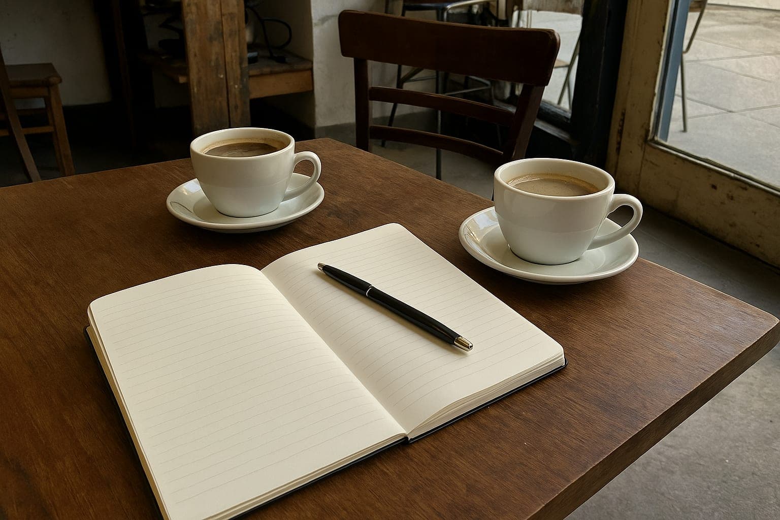 Talking prices Two coffees and an open notebook on a cafe table